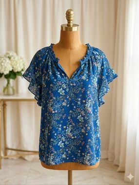 Max Studio Blue Floral Sleeveless Flutter V-Neck Blouse Sz 3X